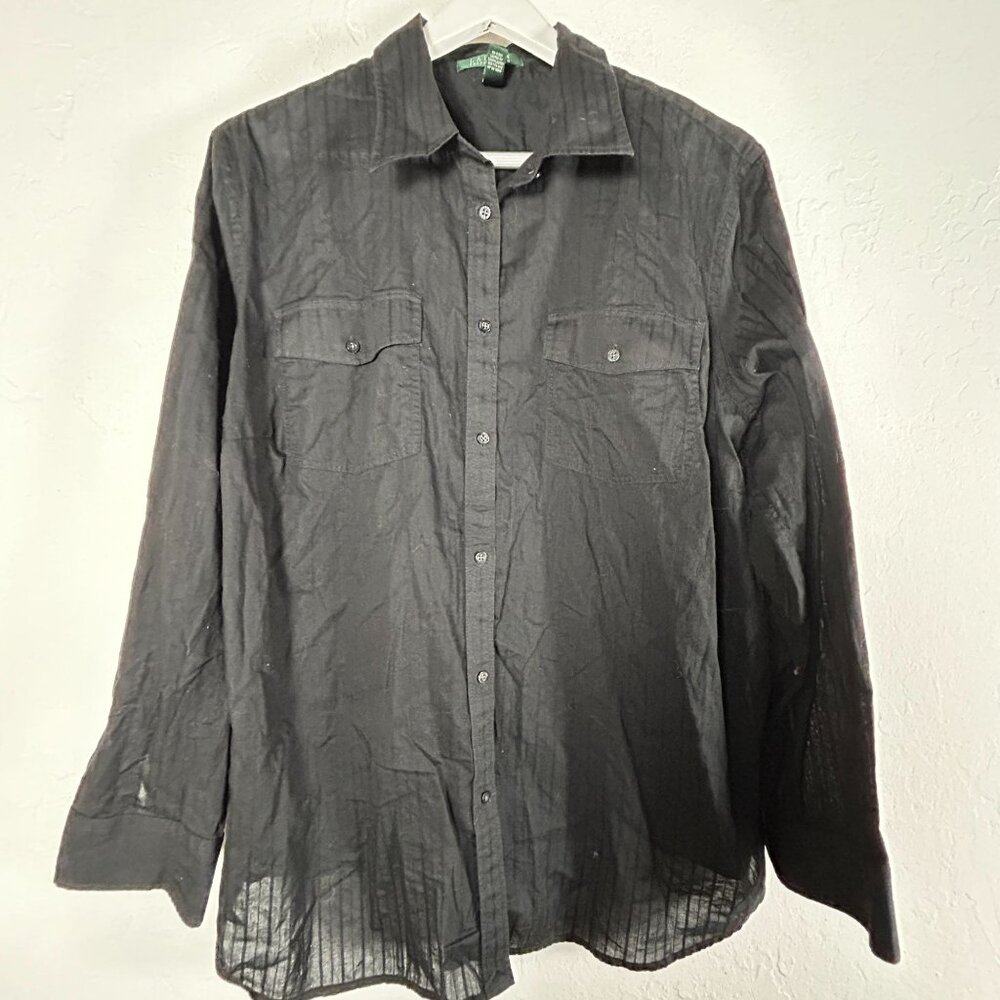 Lauren Ralph Lauren Womens Long Sleeve Button-Up Shirt Size 3X Black 100% Cotton
